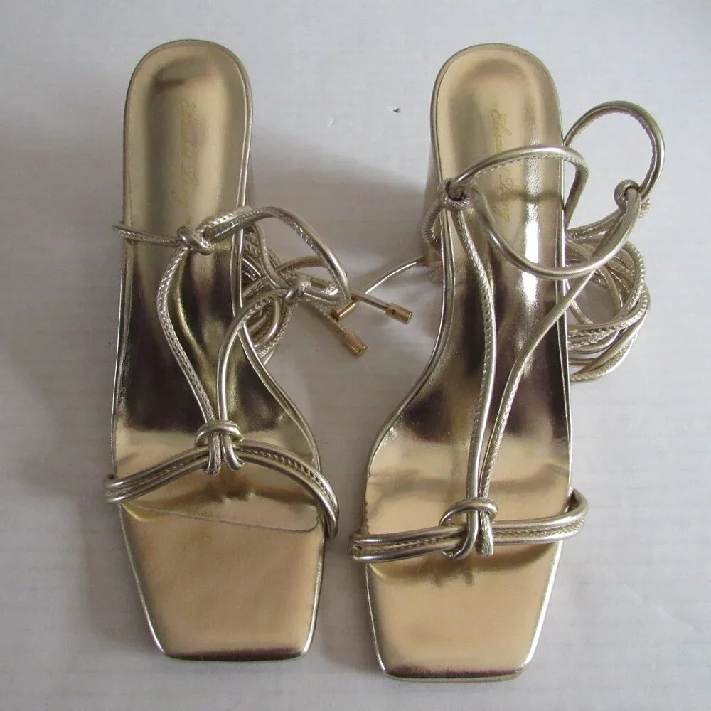 Elisabet Tang Metallic Gold Tie Up Block Heel Open Toe Sandals Size 9.5